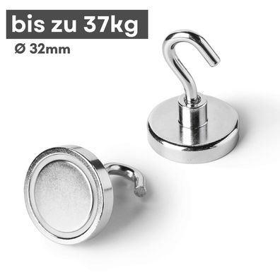 10 Stück Magnethaken Topfmagnet mit Haken D 32 mm 37 Kg Neodym Magnet M5 Gewinde