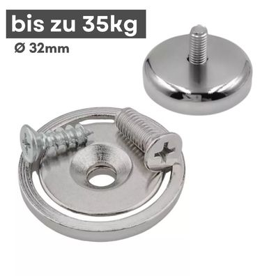 6 Stück Neodym Topfmagnet mit Senkbohrung Ø 32 mm – Haltekraft ca. 35 kg – Gewinde M5