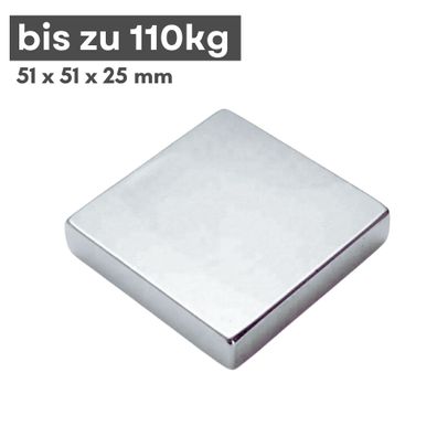 1 Stück Neodym Magnet 51mm x 51mm x 25mm - N38 Supermagnet - Quadermagnete - Hohe Haf