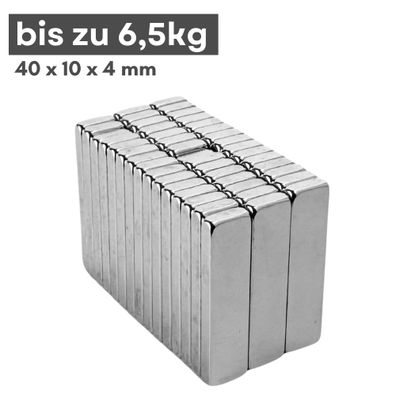 20 Stück Neodym Magnet 40mm x 10mm x 4mm - N38 Supermagnet - Quadermagnete - Hohe Haf