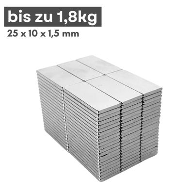 1 Stück Neodym Magnet 25mm x 10mm x 1,5mm - N38 Supermagnet - Quadermagnete - Hohe Ha