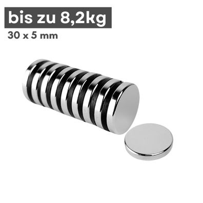 100 Stück Neodym Magnet Ø 30mm x 5mm - Starker Scheibenmagnet - N38 Supermagnet - Hoh