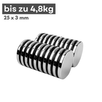 3 Stück Neodym Magnet Ø 25mm x 3mm - Starker Scheibenmagnet - N38 Supermagnet - Hohe