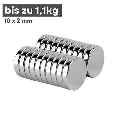 20 Stück Neodym Magnet Ø 10mm x 2mm - Starker Scheibenmagnet - N38 Supermagnet - Hohe