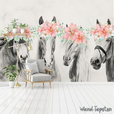Vlies Fototapete Wandtapete Wandbilder Blumenmuster Pferd in Schwarz Weiß 4185