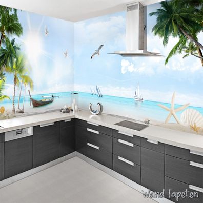 Vlies Fototapete Wandtapete Wandbilder Sandstrand Kokospalmen und Meeres 4191