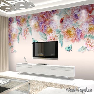Vlies Fototapete Wandtapete Wandbilder Handgemalte Rosen Schmetterlingen 4249