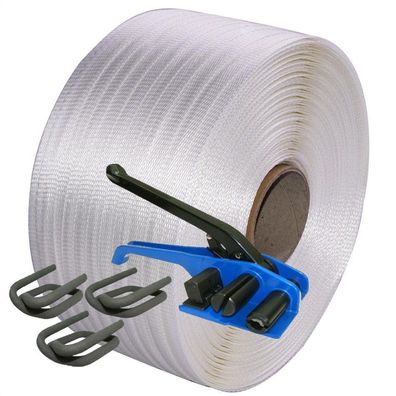 Umreifungsband 25 mm HD gewebt, 200 m,1400 kg, Textilband + 60 Klammer + Spanner