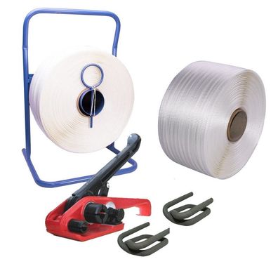 Umreifungsset 19mm Textilband 1000m gewebt, 975kg, Abroller, Spanner, 150 Klemmen