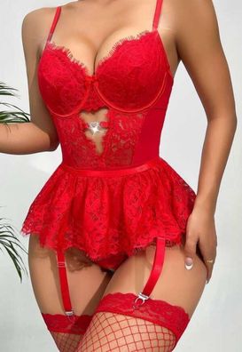 Sexy rotes Spitzenkleid mit Netzstrümpfen und Bügeln - Fantasy-Nachthemd für Damen