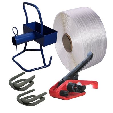 Umreifungsset 19mm HD Textilband 500 m gewebt, 975kg, Abroller, Spanner, 100 Klemmen