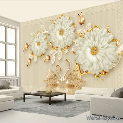 Vlies Fototapete Wandtapete Wandbilder 3D Luxuriöser Schmuck Blumen Schwan 4255