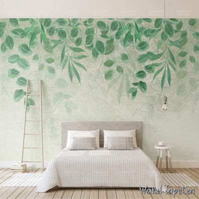 Vlies Fototapete Wandtapete Wandbilder Aquarellbild Grünen Blättern 4267