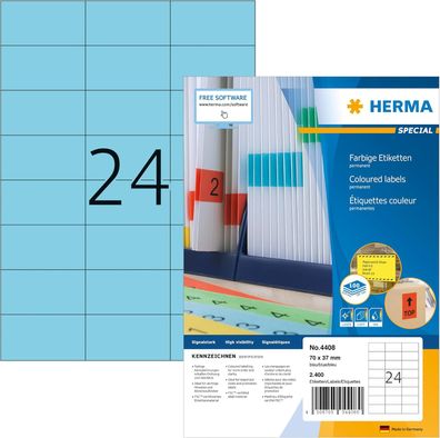 HERMA 4408 Farbige Etiketten blau, 100 Blatt, 70 x 37 mm, 24 pro A4 Bogen, 2400 Stück