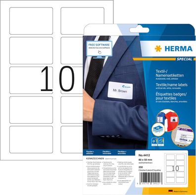 HERMA 4412 Namensetiketten ablösbar, 25 Blatt, 80 x 50 mm, 10 pro A4 Bogen, 250 Stück