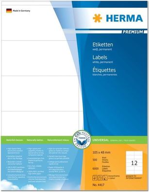 HERMA 4417 Universal Etiketten, 500 Blatt, 105 x 48 mm, 12 pro A4 Bogen, 6000 Stück,