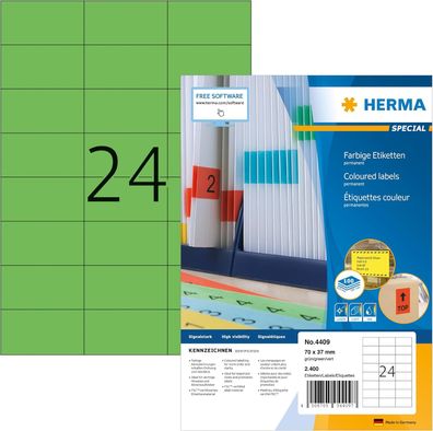 HERMA 4409 Farbige Etiketten grün, 100 Blatt, 70 x 37 mm, 24 pro A4 Bogen, 2400 Stück
