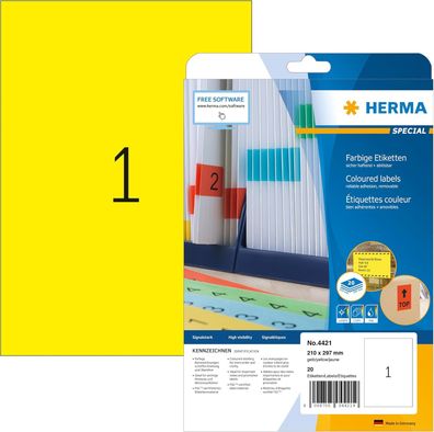 HERMA 4421 Farbige Etiketten gelb ablösbar, 20 Blatt, 210 x 297 mm, 1 pro A4 Bogen, 2
