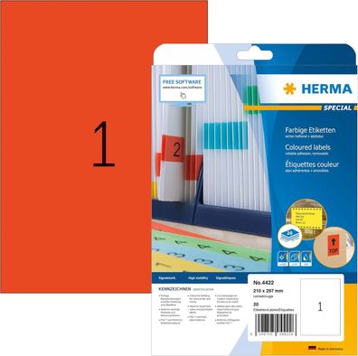 HERMA 4422 Farbige Etiketten rot ablösbar, 20 Blatt, 210 x 297 mm, 1 pro A4 Bogen, 20