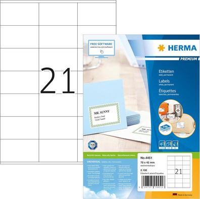 HERMA 4451 Adressetiketten, 100 Blatt, 70 x 42 mm, 21 pro A4 Bogen, 2100 Stück, selbs
