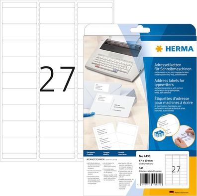 HERMA 4430 Adressetiketten für Schreibmaschinen, 20 Blatt, 67 x 30 mm, 27 pro A4 Boge
