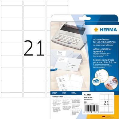 HERMA 4431 Adressetiketten für Schreibmaschinen, 20 Blatt, 67 x 38 mm, 21 pro A4 Boge