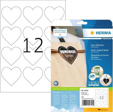 HERMA 10791 Herz Etiketten, 120 Stück, Ø 60 mm, 12 pro A4 Bogen, selbstklebend, bedru