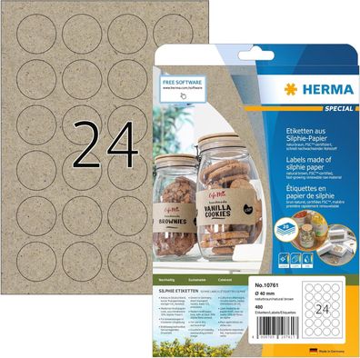HERMA 10761 Universal Etiketten aus Graspapier rund, 20 Blatt, Ø 40 mm, 24 pro A4 Bog