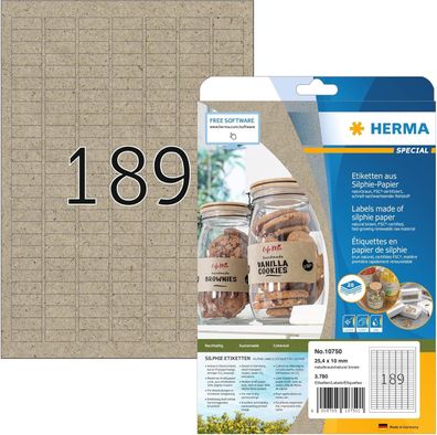 HERMA 10750 Universal Etiketten aus Graspapier, 20 Blatt, 25,4 x 10 mm, 189 pro A4 Bo