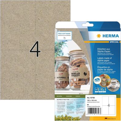 HERMA 10756 Universal Etiketten aus Graspapier, 20 Blatt, 105 x 148 mm, 4 pro A4 Boge
