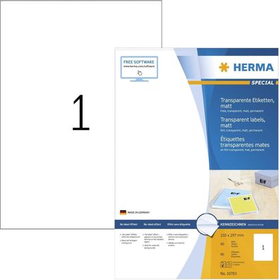 HERMA 10783 Wetterfeste Folienetiketten transparent, 80 Blatt, 210 x 297 mm, 1 pro A4