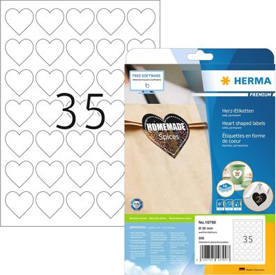 HERMA 10790 Herz Etiketten, 350 Stück, Ø 35 mm, 35 pro A4 Bogen, selbstklebend, bedru