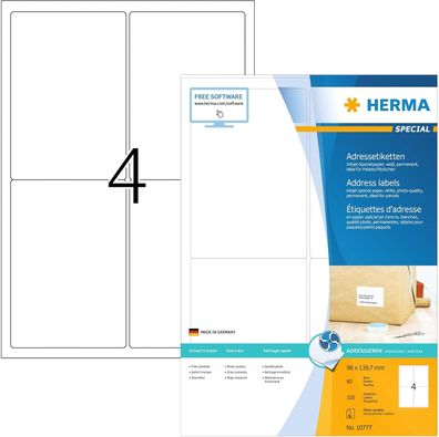 HERMA 10777 Adressetiketten für Inkjet Drucker, 80 Blatt, 96 x 139,7 mm, 4 pro A4 Bog