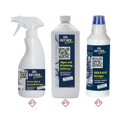 Dr. Becher 3er Set Garten: Algen Entferner + Möbel Reiniger + BBQ Grill Gel