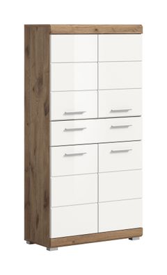 Standschrank breit (B/H/T 60x79x18 cm) in weiß Hochglanz tiefzieh und Nox Oak Na