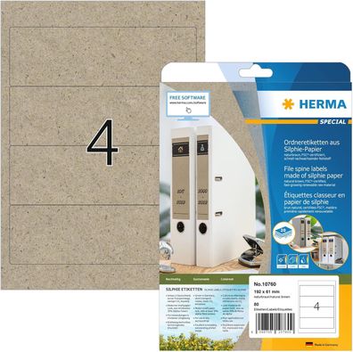 HERMA 10760 Ordnerrücken Etiketten aus Graspapier kurz breit, 20 Blatt, 192 x 61 mm,