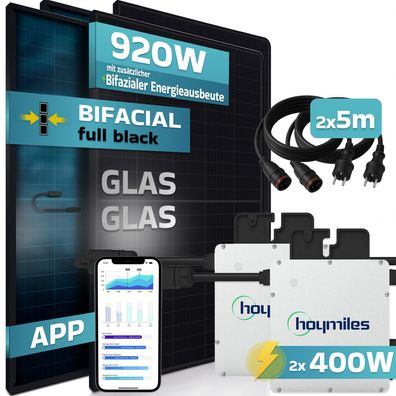 SUNNIVA® Balkonkraftwerk 920W/800W Solaranlage Hoymiles 2x400 Bifazial Fullblack