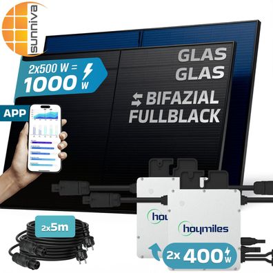 SUNNIVA® Balkonkraftwerk 1000W/800W Solaranlage Hoymiles 2x400 Bifazial Fullblack