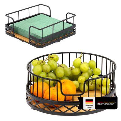 bremermann Obstkorb 2er Set mit Serviettenhalter, Brotkorb aus Bambus und Metall