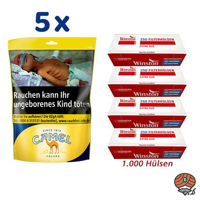 Camel Volumentabak Beutel 5x 96g + 1000 Winston Extra Hülsen