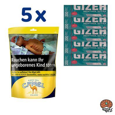 Camel Volumentabak Beutel 5x 96g + Gizeh Menth. Extra Hülsen