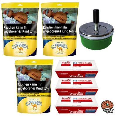 Camel Volumentabak Beutel 3x 96g + 750 Winston Extra Hülsen + Drehascher