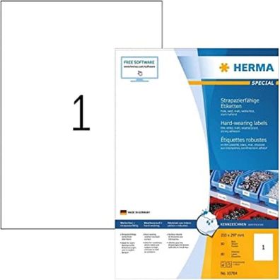 HERMA 10784 Wetterfeste Folienetiketten, 80 Blatt, 210 x 297 mm, 1 pro A4 Bogen, 80 S