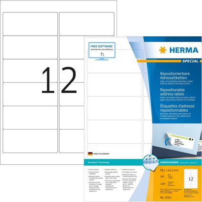 HERMA 10311 Universal Etiketten ablösbar, 100 Blatt, 99,1 x 42,3 mm, 12 pro A4 Bogen,