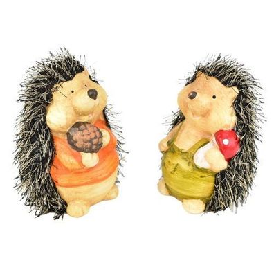 Igel mit Pilz und Tannenzapfen, Keramik, 2er-Set, 13 cm