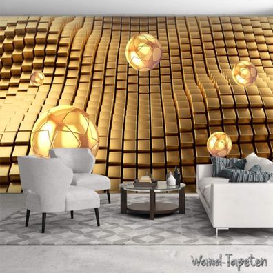 Vlies Fototapete Wandtapete Wandbilder Abstrakter Würfelraum Goldene Kugel 4313