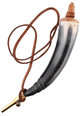 Pulverhorn mit Absperrhahn aus Messing und Lederband