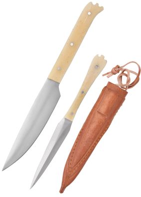Mittelalter Essbesteck aus Edelstahl inkl. Lederetui, ca. 18 cm