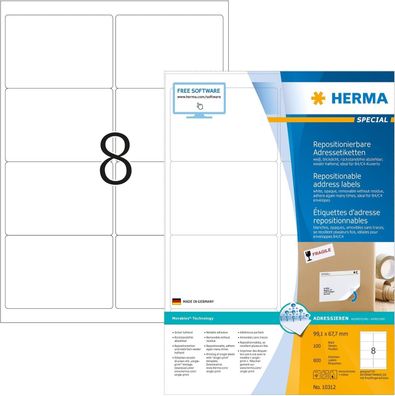 HERMA 10312 Universal Etiketten blickdicht ablösbar, 100 Blatt, 99,1 x 67,7 mm, 8 pro