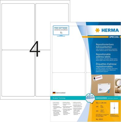 HERMA 10313 Universal Etiketten blickdicht ablösbar, 100 Blatt, 99,1 x 139 mm, 4 pro